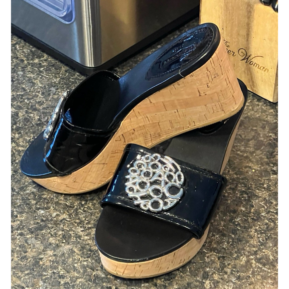 Coach Judith Black Patent Leather Cork Wedges - Picture 2 of 10